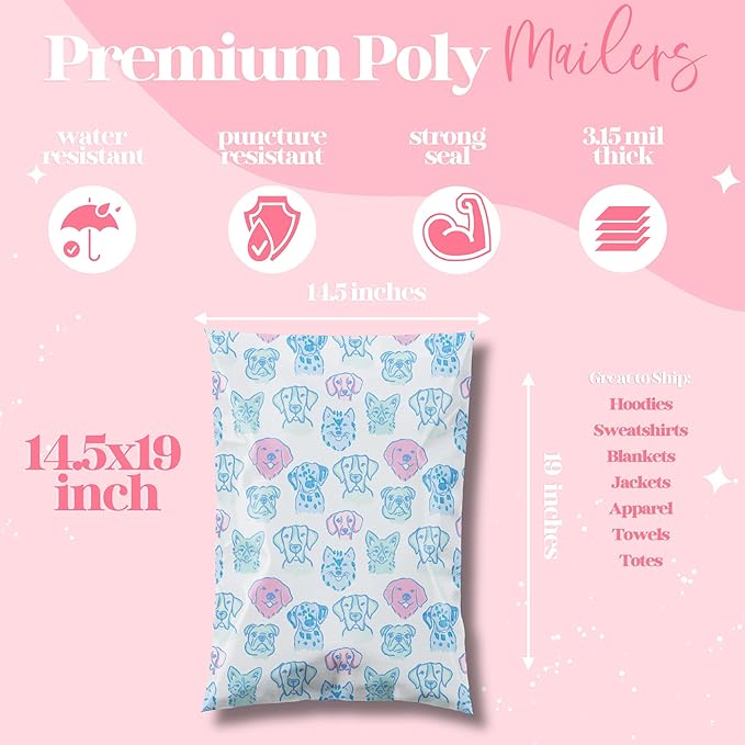 Pretty Package Store 14.5x19 Designer Poly Mailer 100 Pack Heavy Duty Waterproof Self Seal Shipping Bags for Small Business Large Mailing Envelopes Bulk Tear Resistant Packaging Pretty Pups Puppy Dogs