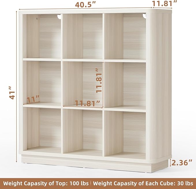Joaxswe 9 Cube Storage Book Shelf, 41" Tall Organizer Bookcase with Curved Edge, Wood Floor Standing 3-Tier Cubby Bookshelf with Base, Vintage Display Book Case for Bedroom,Office,Grey-White Cream Oak