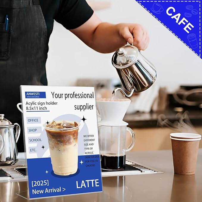 Anwesti Acrylic Sign Holder 8.5" x 11" - 6 Pack Clear L-Shaped Tabletop Menu Frame for Restaurants, Photos, Posters | Slanted Back Design | Durable Promotional Display Stand