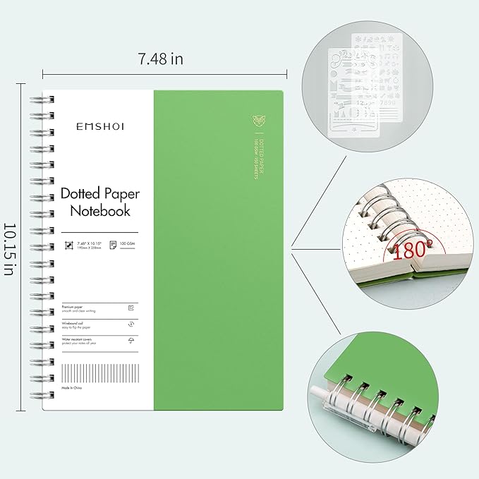 EMSHOI B5 Spiral Dotted Notebook, 7.48"x10.15" Dot Grid Journal, 150 Sheets/300 Pages, 100gsm Paper, Waterproof Softcover for Men Women, Office, School, Work, Writing, Bullet Journaling – Green