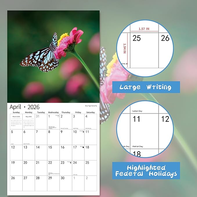 2026 Wall Calendar,Calendar 2026, November 2025 - December 2026, Wall Calendar Butterfly, 12" x 24" Opened,Full Page Months Thick & Sturdy Paper for Calendar Organizing & Planning