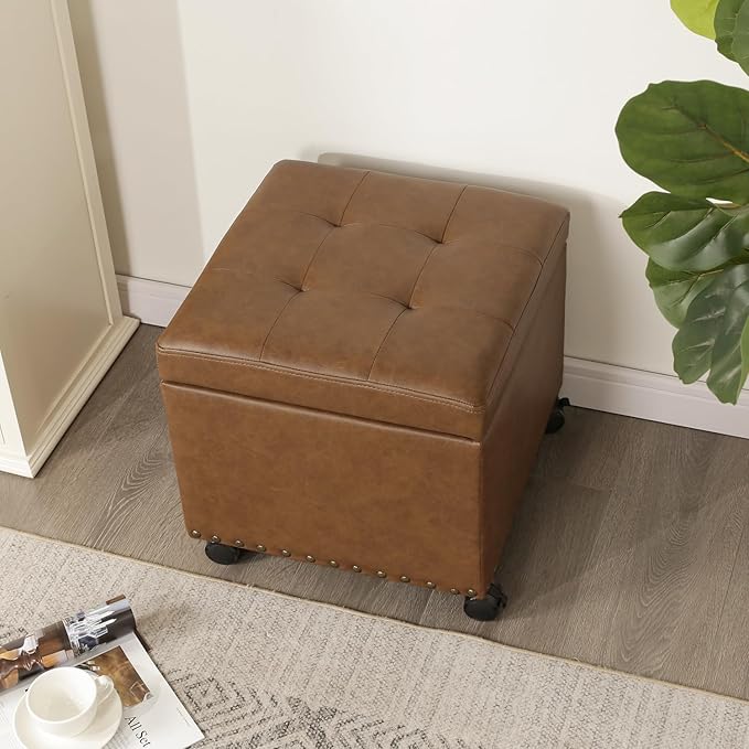 Adeco 16.7" H Vintage Golden Brown Leather Storage Ottoman with 360 Caster Wheels, Square Foot Stool with Decorative Bronze Thumb Tacks & 330 LB Load Capacity