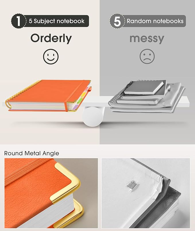 Hardcover Spiral Notebook journal with Removable Dividers Tabs, 300 Pages Leather 5 Subject Notebook College Ruled, 100GMS Notebooks for Work School Note taking,Lined Journal for Women,A5 Orange