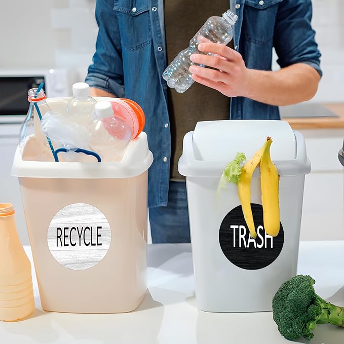 4PCS Recycle and Trash Sign Sticker for Kitchen,Self-adhensive Modern Circle Recycling Sticker for Trash Cans and Recycling Bin, Waste and Recycle Decals for Garbage Can Indoor &Outdoor Use 4Inch