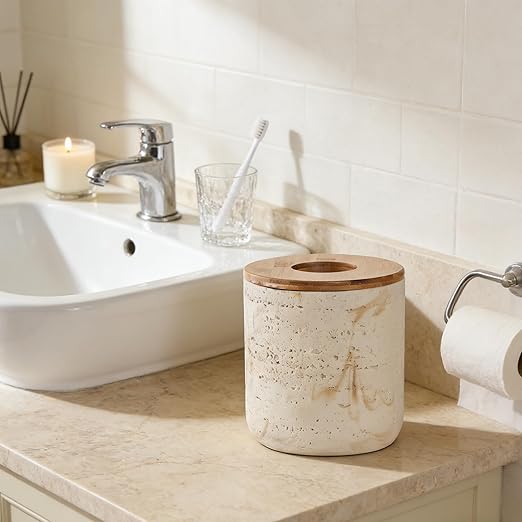 Natural Travertine Textures Beige Mini Trash Can with Bamboo Lid,Small Countertop Trash Can for Bathroom, Kitchen, Vanity, Desk Trash Can,Table Top Mini Garbage Can for Dining Room, Tiny Waste Basket