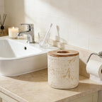 Natural Travertine Textures Beige Mini Trash Can with Bamboo Lid,Small Countertop Trash Can for Bathroom, Kitchen, Vanity, Desk Trash Can,Table Top Mini Garbage Can for Dining Room, Tiny Waste Basket
