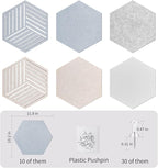 Fwpelt 12'' Medium Hexagon Cork-Bulletin Board Tiles Adhesive 10PCS 12x10 inch Frameless Sticky Corkboard Hex Felt Pin Board for Office-Wall Decor, Removable Hexagonal Tack Pinboard with 30 Pushpins