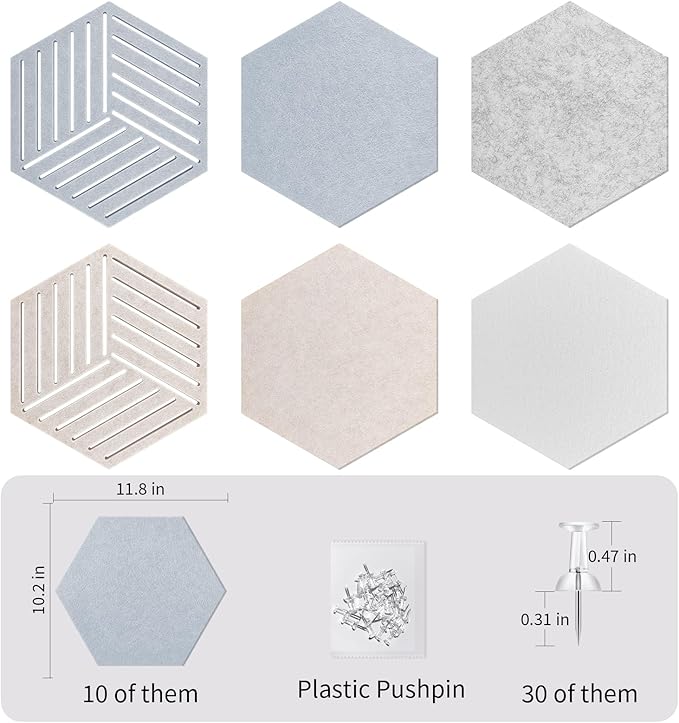 Fwpelt 12'' Medium Hexagon Cork-Bulletin Board Tiles Adhesive 10PCS 12x10 inch Frameless Sticky Corkboard Hex Felt Pin Board for Office-Wall Decor, Removable Hexagonal Tack Pinboard with 30 Pushpins