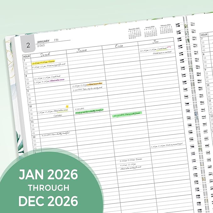 SUNEE 2026 Daily Planner,4-Person Group Appointment Book with Quarter-Hourly Layout. Weekly & One-Page-Per-Day Format, Jan to Dec 2026, 8.5"x11",Weekly Planner, Flexible Cover, Note Pages, Bookmark, Black,Greenery