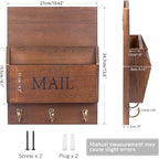 DLQuarts Mail Organizer with Key Holder for Wall Decorative Mail Sorter Wall Mounted, Wooden Mail Holder with 3 Hooks, Dark Brown