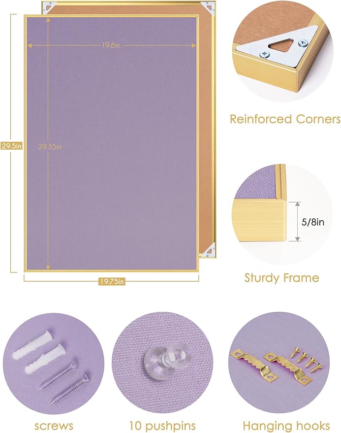 Lightomorrow Bulletin Board 30 x 20 inches, Mystic Violet Pin Board, Golden Aluminum Framed Fabric Cork Board with 10 Push Pins