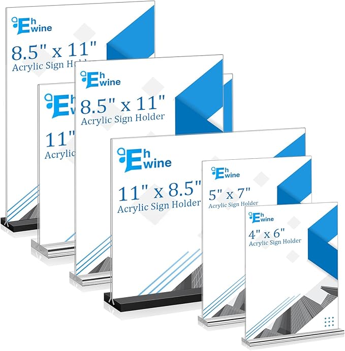 EHWINE 10 Pack Acrylic Sign Holder 8.5 x 11 Horizontal, Double-Sided Stand up Table Top Sign Holders, Clear Acrylic Picture Frame Menu Flyer Paper Holder Display Stand for Office Business Store Wedding Party