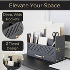BLU MONACO | Grey Wooden Desk Organizer With Drawer | MDF Wood Desktop Organizer With Gold Handle | Multi-Compartment Desk Storage For Office Stationery | Home Office Organization