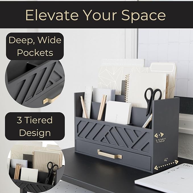 BLU MONACO | Grey Wooden Desk Organizer With Drawer | MDF Wood Desktop Organizer With Gold Handle | Multi-Compartment Desk Storage For Office Stationery | Home Office Organization