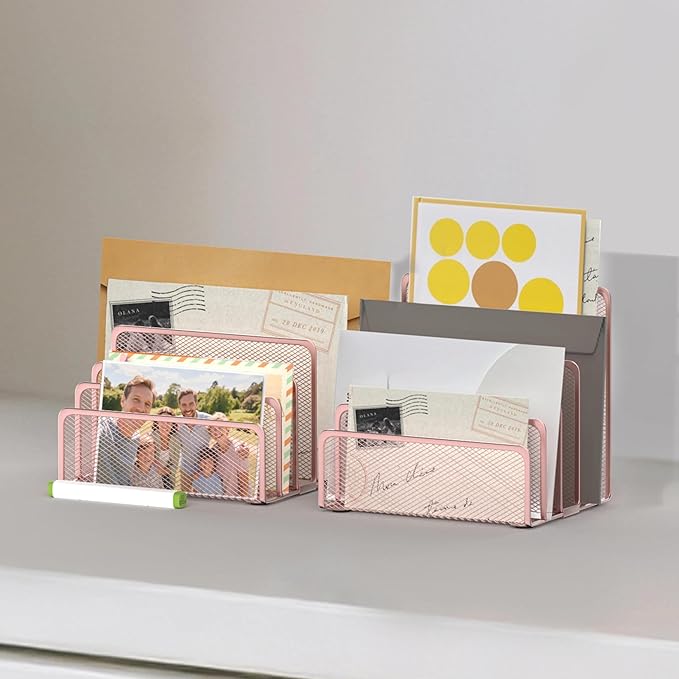 ReePlan Mail Organizer Countertop with 5 Slot, Metal Mail Holder for Desk, File Holder Letter Sorter for Envelope, Bill and Document (Rose Gold)