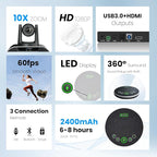 TONGVEO 10x Zoom Conference Room Video Camera System, All-in-One HD 1080P 60fps 10X Optical Zoom USB3.0 HDMI PTZ Camera and Bluetooth Conference Speaker with Microphones Bundle for Medium Room