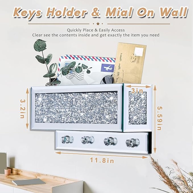 WALTSOM Crushed Diamond Key and Mail Holder for Wall, Crystal Mail Organizer Wall Mount, Mirror Mail and Key Holder Wall Mount for Entryway and Home Decor