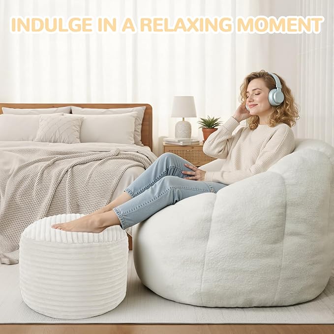 MeMoreCool Stuffed Round Pouf Ottoman Foot Rest, Soft Plush Floor Pouf Foot Stool, Corduray Footstool Footrest, Small Round Ottoman for Living Room Couch Sofa Chair, 20x15 Inch Beige