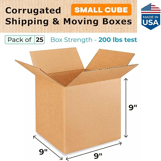 Small Cube Moving & Shipping Boxes 9"L x 9"W x 9"H (25-Pack) - Extra Strength 200 lb vs Regular - Corrugated Packing Boxes for USPS/UPS/FEDEX - Moving Box - Small Packing Box by IDL Packaging