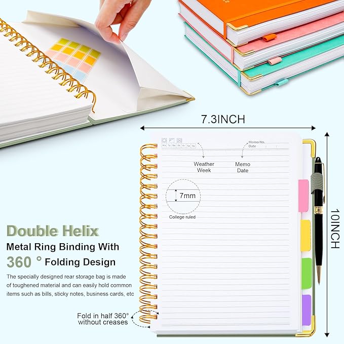 Hardcover Spiral Notebook 8"x10" Journal Notebook with Tabs and Removable Dividers 300 Pages 5 Subject Notebook College Ruled, Faux Leather Spiral Bound Notebook for Women School Work (Sage Green)