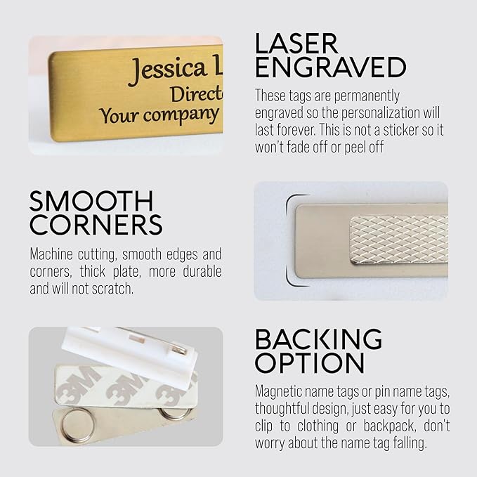 Custom Engraved ID Name Tag Badges Identification Personalized with Text & Logos, Metal Name for Clothing with Pin or Magnetic Backing Plates for Business and Employees (Only Text)