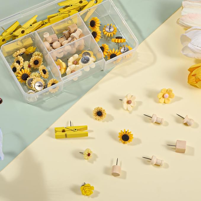 78 Pieces Push Pins Set Cute Thumb Tacks Decorative Flower Push Pins for Wall Cork Board Bulletin Boards with Storage Box（Yellow Style）