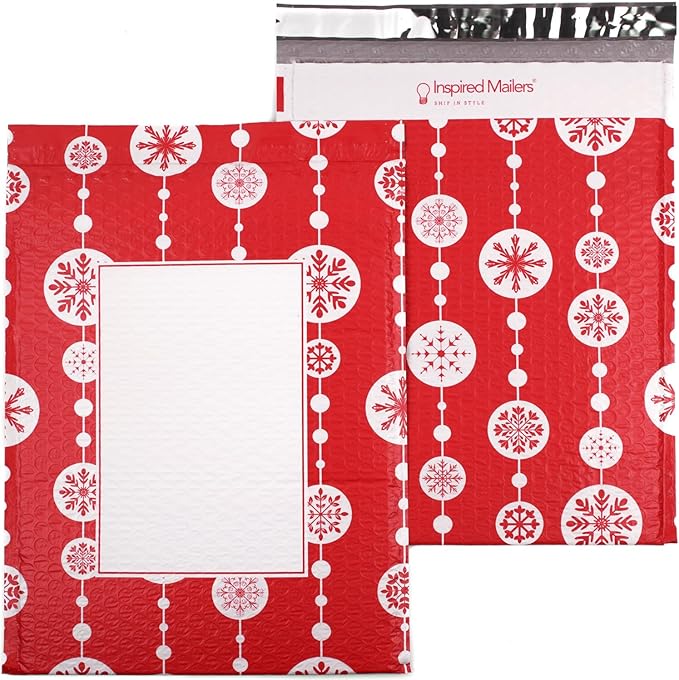 Bubble Mailers 10x13" - Red Snowflake Baubles with Writable Area - 25 Pack - Holiday Poly Padded Envelopes and Bubble Shipping Mailers