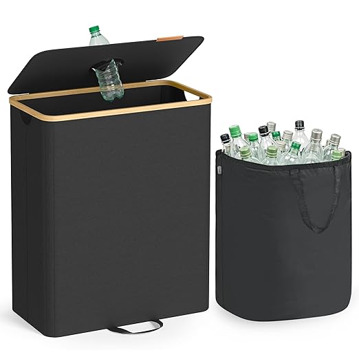 SONGMICS Recycling Bin for Kitchen 37 Gallon. Bottle Recycling Container, Collection Bin, for Metal, Plastic, Paper, Glass, Inner Bag with Handles, Kitchen, Ink Black and Natural Beige URRB513B01