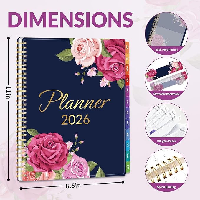 GNL 2026 Planner, Weekly and Monthly Planner January - December 2026, 8.5" x 11" Monthly Planner with Waterproof Flexible Cover, Spiral Binding Notebook with Colorful Tab, Pockets, Bookmark, Rose