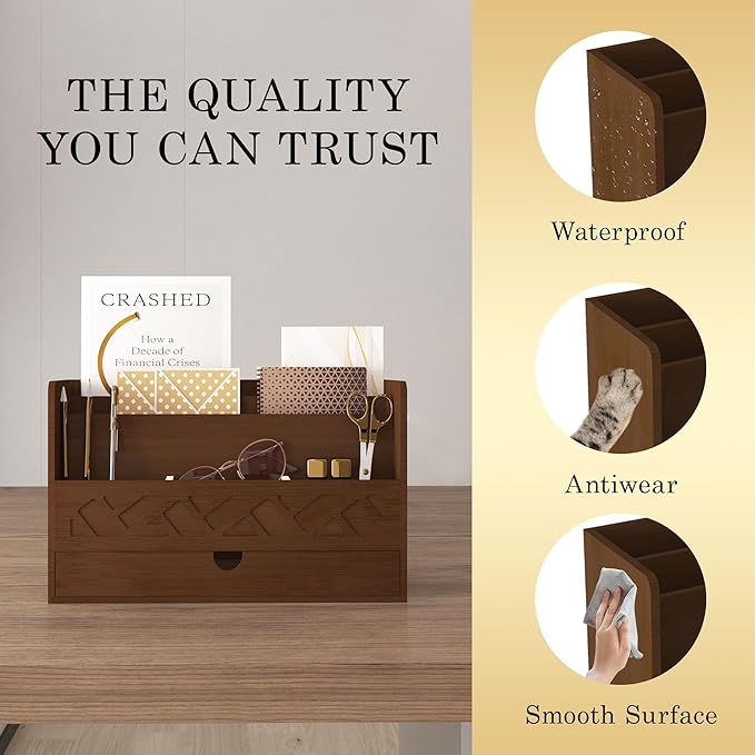 Bamboo Mail Organizer Countertop Desktop With Drawer - All-in-One Desk File Organizer for Office Supplies Storage With Pencil Holder (Walnut)