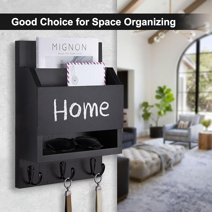 Lucundm Key and Mail Holder for Wall, Key Holder with Chalkboard and Long Storage Box, Key Hanger with 3 Sturdy Hooks for Coat, Dog Leash, Entryway Mail Organizer (Black)