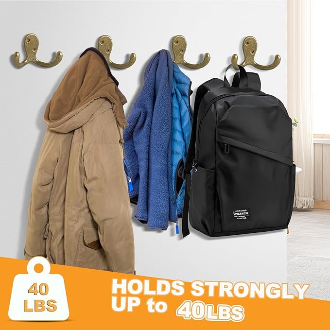 CBWLWJ 15 Pack Coat Hooks Wall Hooks for Hanging, Heavy Duty Double Prong Metal Hook Wall Mounted for Living Room, Bathroom, Kitchen, Bedroom for Coat, Bag, Scarf, Towel, Hat, Key, Cup (Bronze)
