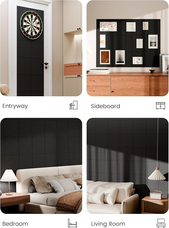 Bumusty Large Cork Board 47"x35" Alternative - 12 Pack Felt Wall Tiles with 70 Safe Removable Adhesive Tabs, 30 Pushpins, Cork Boards for Walls Pin Board Bulletin Board Office Decor (Black)