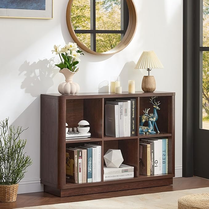 Joaxswe 6 Cube Storage Bookcase, 40" Wide Low Horizontal Book Shelf with Curved Edge, Wood Floor Standing 2-Tier Bookshelf with Base, Farmhouse Short Book Case for Bedroom, Living Room, Office, Walnut