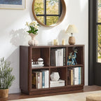 Joaxswe 6 Cube Storage Bookcase, 40" Wide Low Horizontal Book Shelf with Curved Edge, Wood Floor Standing 2-Tier Bookshelf with Base, Farmhouse Short Book Case for Bedroom, Living Room, Office, Walnut
