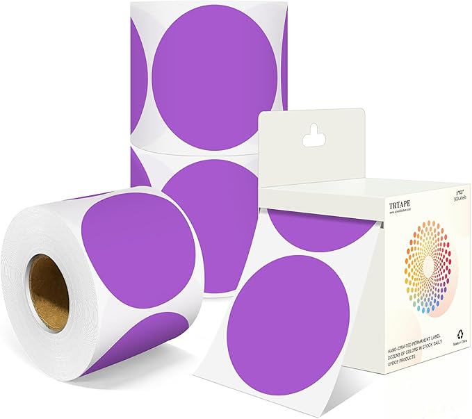 3 Inch Round Colored Dot Stickers, 2000 PCS, 4 Rolls in Dispenser Box - Purple Circle Color Coding Labels Dot Labels for Office, Home, Inventory Organizing