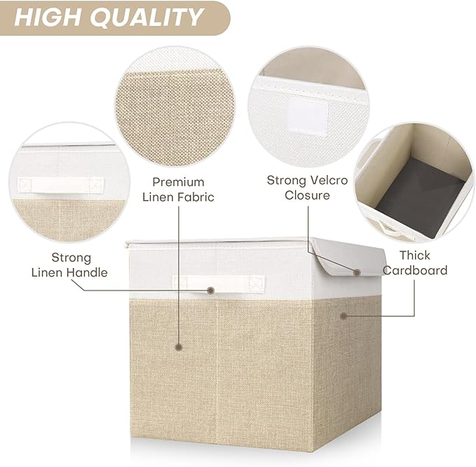 Bagnizer Large 22 Quart Linen Fabric Foldable Storage Bin Cube Organizer Basket with Flip-Top Lid & Handles, Clothes Blanket Box for Home, Office, Closet, Beige & White, 4 Pack 14.6 x 9.5 x 9.5”