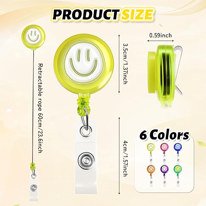 6Pcs Cute Badge Reel Set – Happy Face Retractable Badge Holder with Clip, ID Badge Reel for Nurses, Teachers, Hospital, Office & School (Pastel)