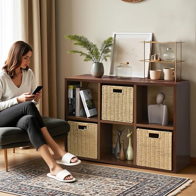 IRONMIX Metal 6 Cube Storage Organizer with Shelves, Modern Short Bookshelf with Storage, 2 Tier Horizontal Bookshelf Cube Shelf, Small TV Stand with Cabinet for Home Office Library(Dark Wooden, 1037)