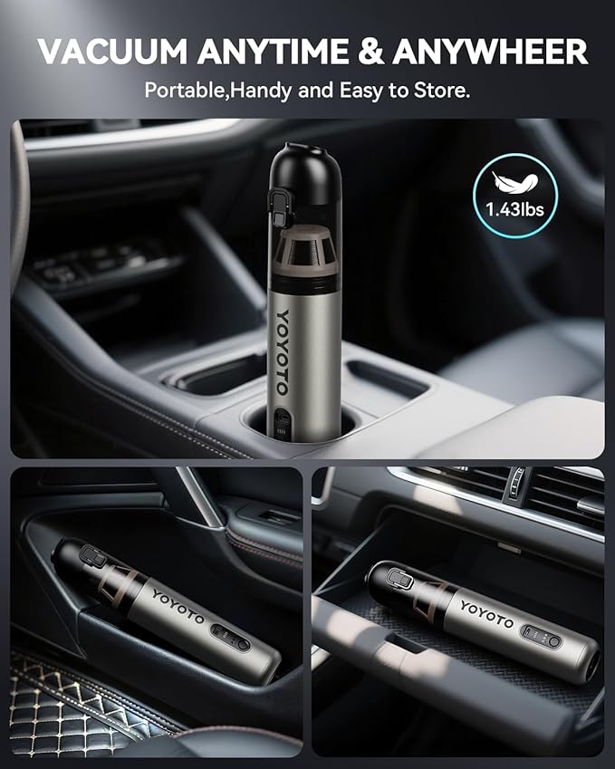 yoyoto Car Vacuum, Handheld Vacuum Cordless with 21000Pa Powerful Suction & 3 Modes, 4-in-1 Portable Hand Held Mini Vacuum Cleaner Rechargeable, Ultra Light for Car Home Office (Silver)