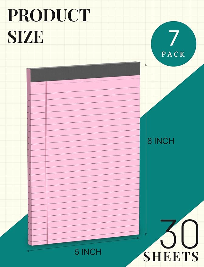 Aidunmis 7pcs Small Note Pads 5x8 Legal Pads Pink Notepad 5x8 College Ruled Pink Notebook Paper Narrow Ruled Mini Notepads 5 x 8 Legal Pad Perforated Small Writing Pads 5x7 In 30 Sheets per Note Pad