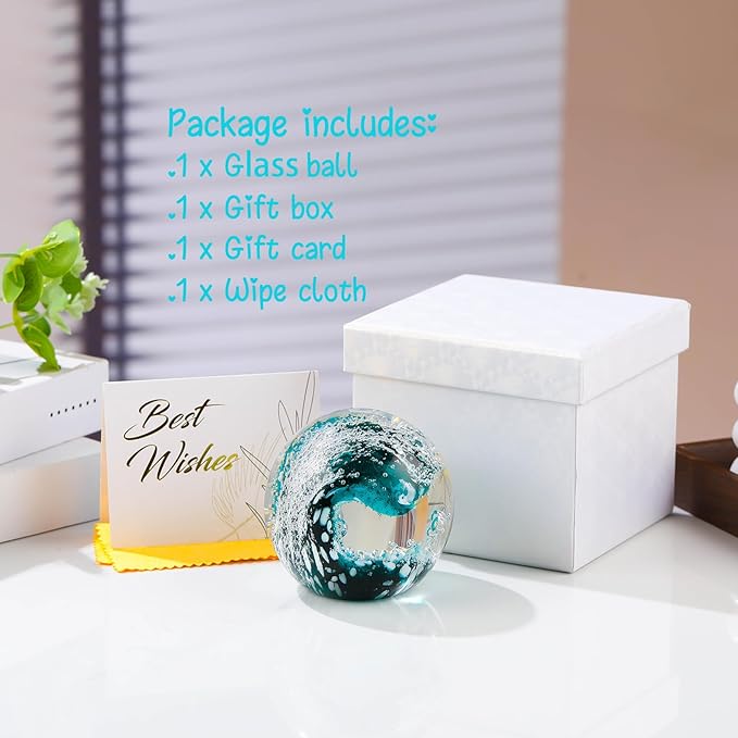 Hand Blown Glass Ball Ocean Waves Paperweight Sea Glass Decor Crystal Bubble Ball for Bedroom Home Office Aquarium (Dark Blue)