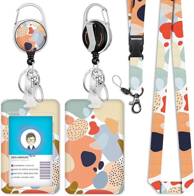 ID Badge Holder with Breakaway Lanyard, Retractable Badge Reel Heavy Duty, Cute Lanyards for ID Badges Ajustable, Teacher Nurse Work Office Gifts, Boho Abstract Art Design