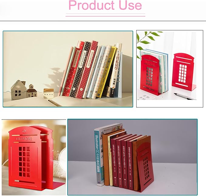 MerryNine 6 Pack Book Ends, Metal Bookends for Shelves, Telephone Booth Decorative Bookends, Non Skid Heavy Bookends, Book, Magazine or CD Organizers for Home and Office (Red-6pcs)