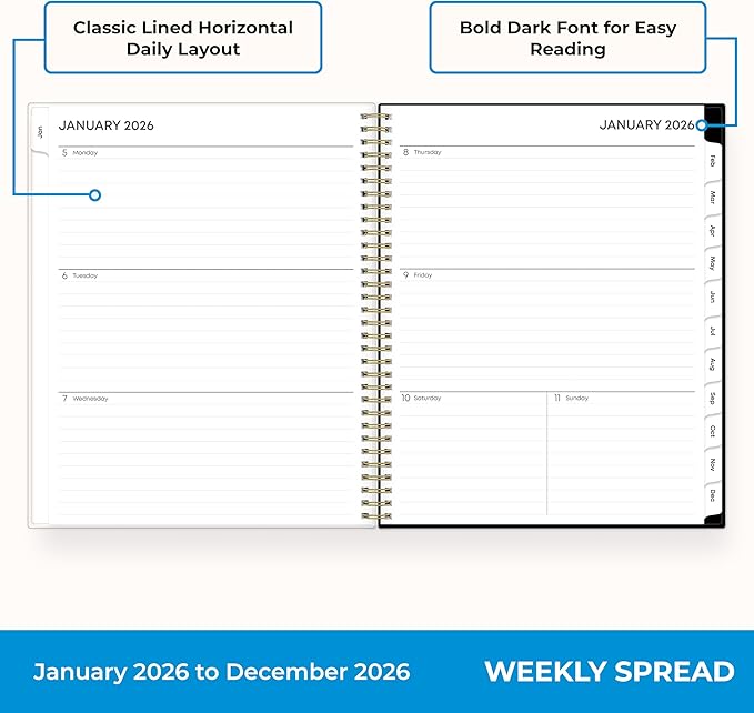 Blue Sky 2026 Weekly and Monthly Planner Calendar, January 2026 - December 2026, 8.5" x 11", Clear Pocket Cover, Laminated Tabs, Durable Twin Wire Binding, Storage Pocket, Baccara Dark