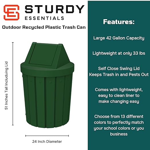 Sturdy Essentials 42 Gallon Round Slatted 100% Recycled Plastic Indoor or Outdoor Commercial Trash Can with Easy Access Swing Top Lid | Great for Schools and Businesses - Green