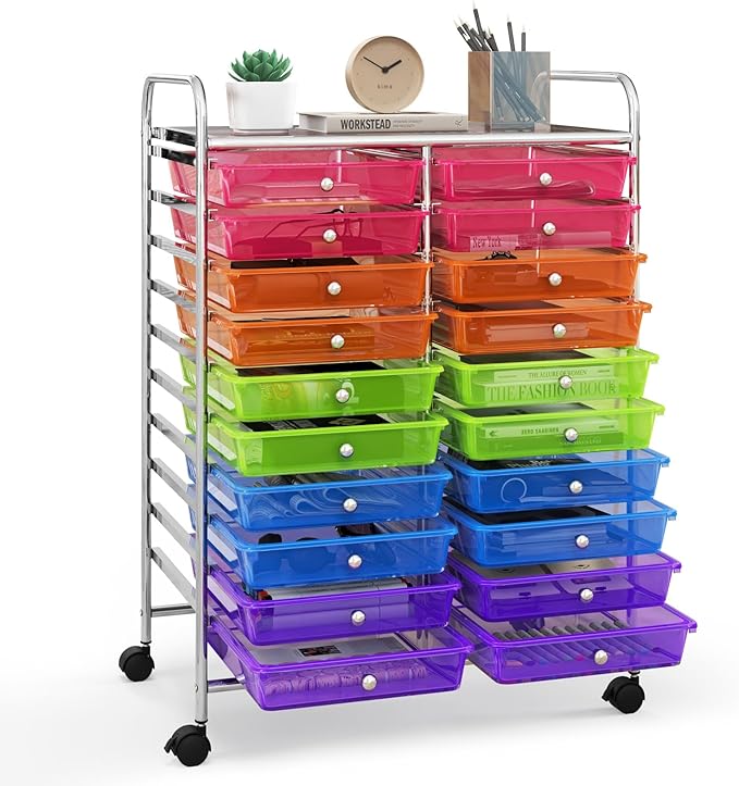 Happygrill 20-Drawer Organizer Cart Tools, Mobile Utility Storage Cart with Removable Drawers & Lockable Wheels, Rolling Storage Cart with wheels for Home Office School (Rainbow)