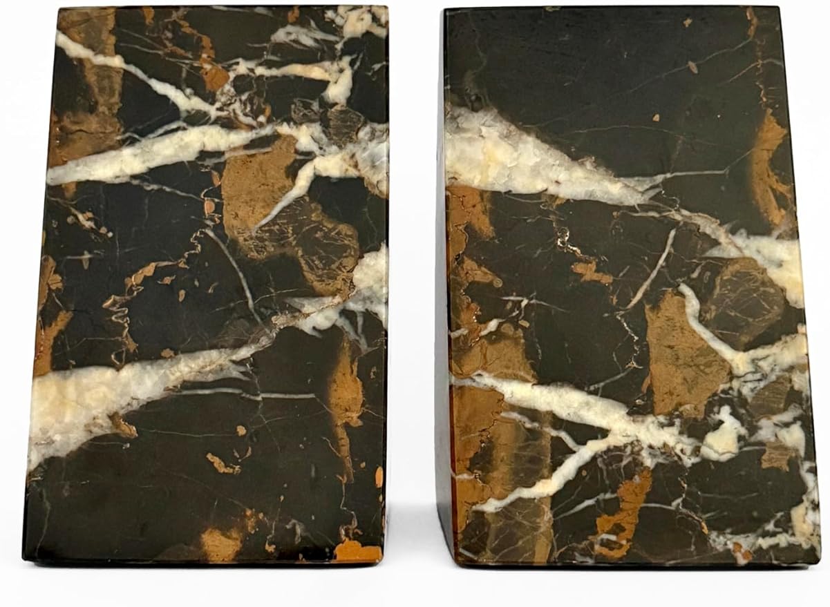 Ottimo Premium Polished Natural Marble bookends for use as Bookshelf Decor, Home, Office or Kitchen Shelves. Heavy, Triangular,and Modern Decorative Book Stopper with Anti-Slip Pads (Black Gold)