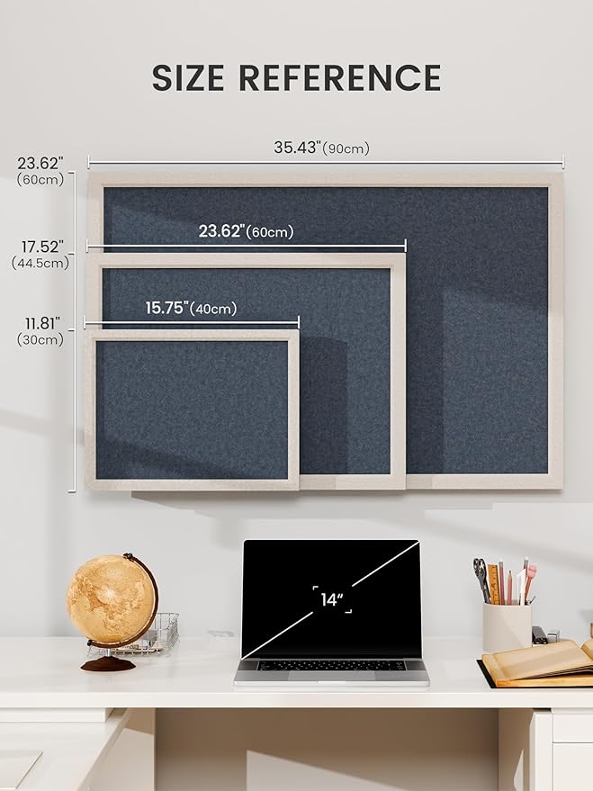 Fluxynara Felt Cork Board Alternative, Felt Bulletin Board 16" x 12" Oatmeal Frame with 8 Adhesive Tabs, Pin Board for Home Office, Classroom, Entryway, Kitchen Wall Decor—Navy Blue