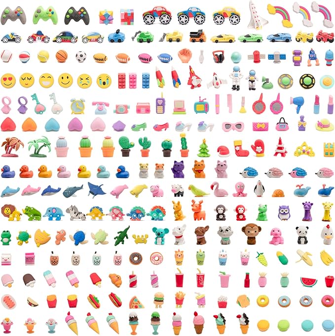 CLOCK KING 240pcs 3D Cute Kids Erasers, Random Desktop Pet Toys Gifts, Classroom Rewards Kids Party Gifts, Various Styles Such as Animals, Food, Plants, Space, Princess, Sports, Halloween, Christmas